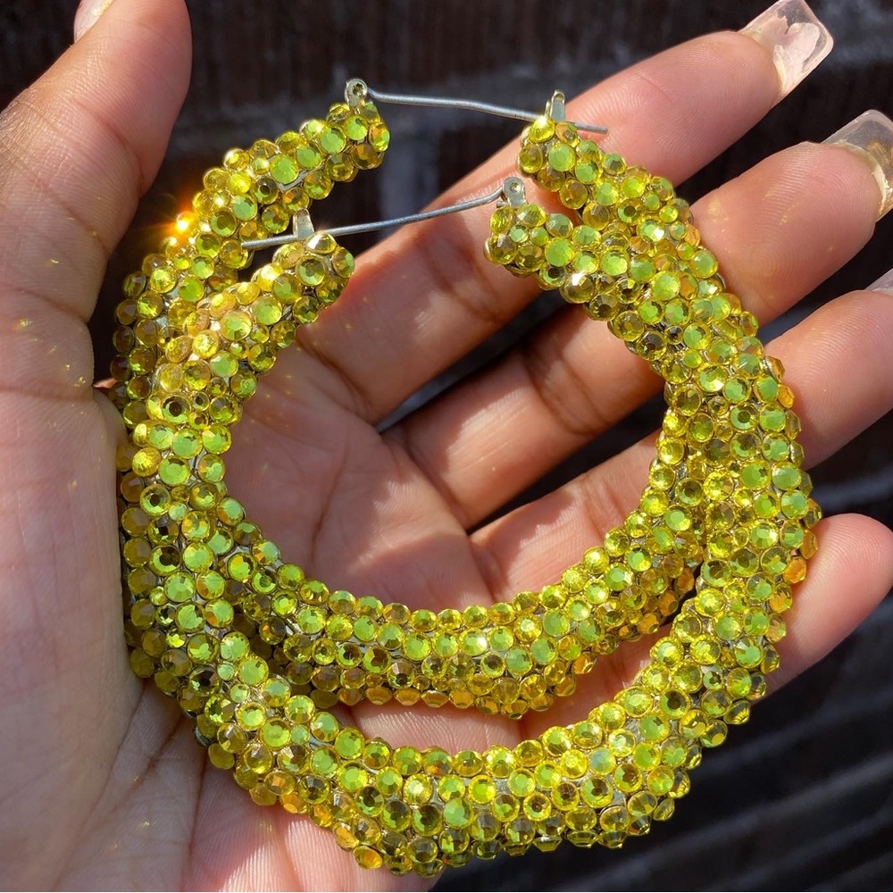 Yellow bedazzled bamboo hoop earring. Roughly 3in across